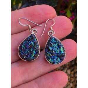 Vintage Sterling Silver Blue Druzy Teardrop Shape French Wire Dangle Earrings